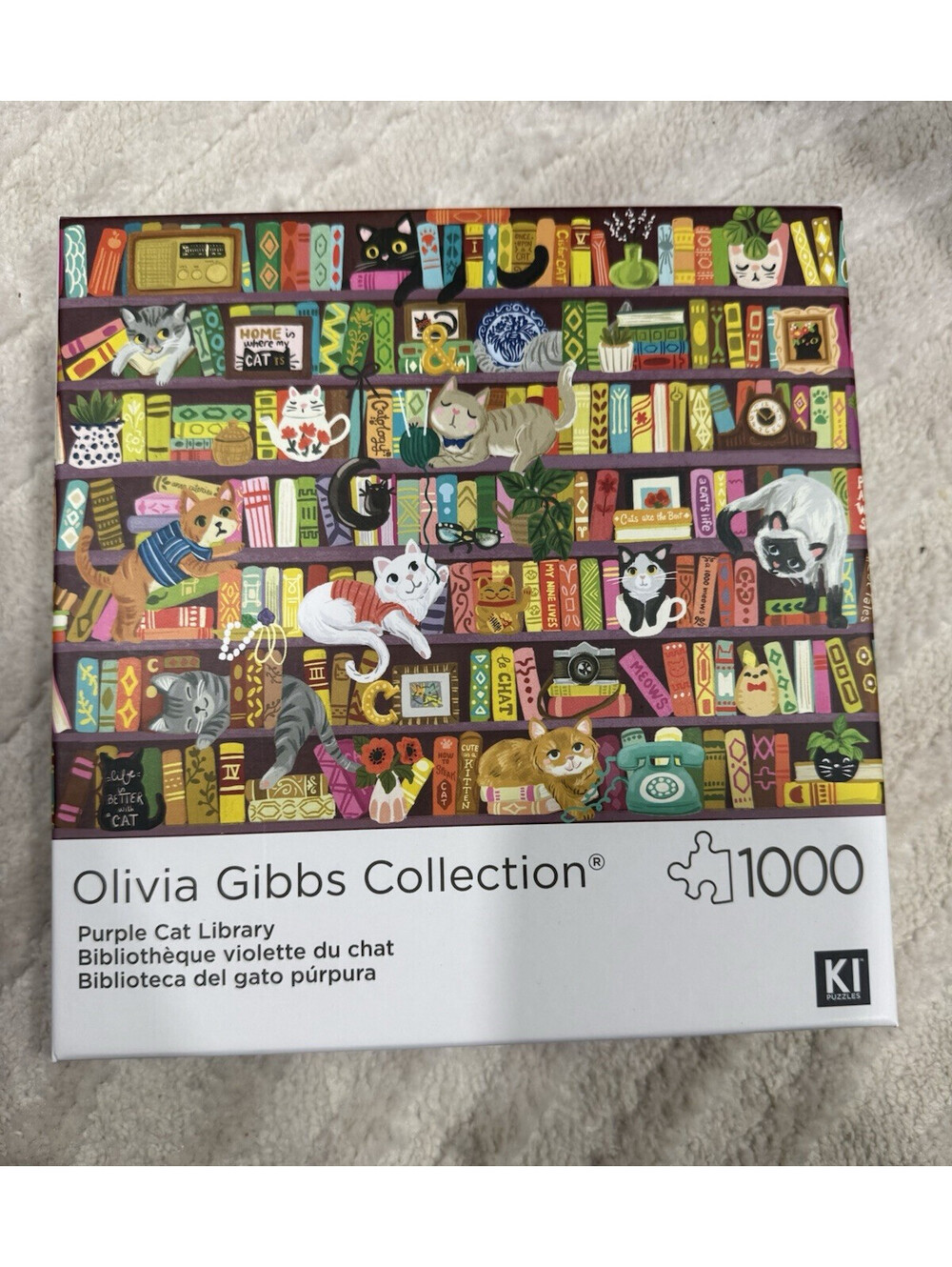 KI Puzzles Olivia Gibbs Purple Cat Library 1000-Piece Cats Jigsaw Puzzle